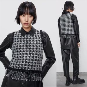 Zara Knit Tweed Houndstooth Fringed Sweater Vest